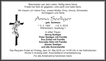 Traueranzeige von Anna Seeliger von Frankenpost
