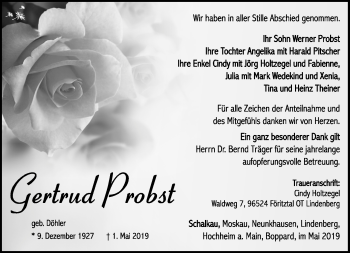 Traueranzeige von Gertrud Probst von Südthüringer Presse