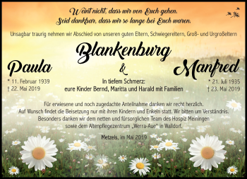 Traueranzeige von Manfred und Paula Blankenburg von Südthüringer Presse