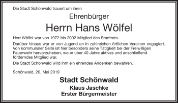 Traueranzeige von Hans Wölfel von Frankenpost