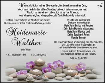 Traueranzeige von Heidemarie Walther von Südthüringer Presse
