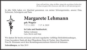 Traueranzeige von Margarete Lehmann von Südthüringer Presse
