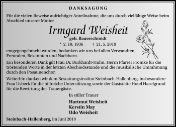 Traueranzeige von Irmgard Weisheit von Südthüringer Presse