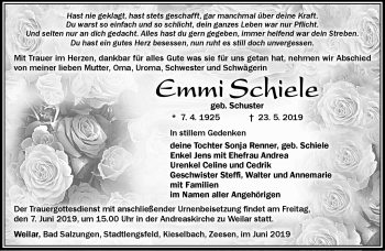 Traueranzeige von Emmi Schiele von Südthüringer Presse
