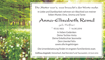 Traueranzeige von Anna-Elisabeth Remd von Südthüringer Presse