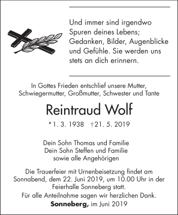 Traueranzeige von Reintraud Wolf von Südthüringer Presse