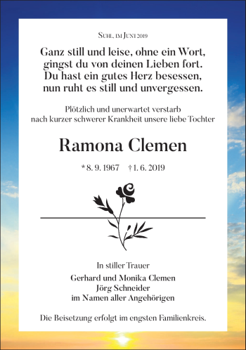 Traueranzeige von Ramona Clemen von Südthüringer Presse