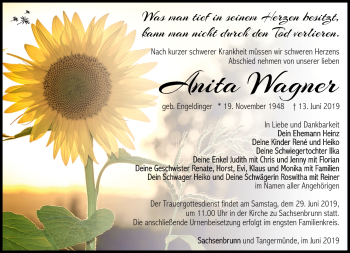 Traueranzeige von Anita Wagner von Südthüringer Presse