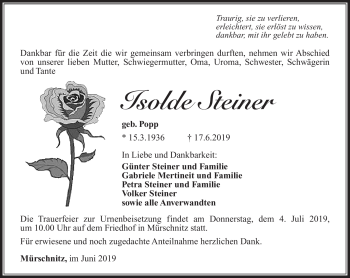 Traueranzeige von Isolde Steiner von Südthüringer Presse