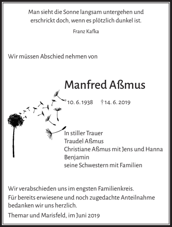Traueranzeige von Manfred Aßmuss von Südthüringer Presse