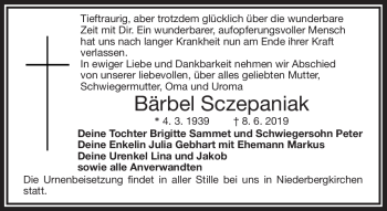 Traueranzeige von Bärbel Sczepaniak von Frankenpost