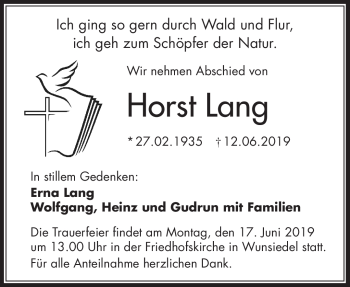Traueranzeige von Horst Lang von Frankenpost