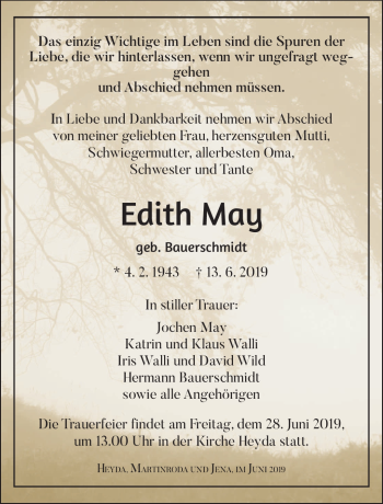 Traueranzeige von Edith May von Südthüringer Presse