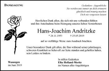 Traueranzeige von Hans-Joachim Andritzke von Südthüringer Presse