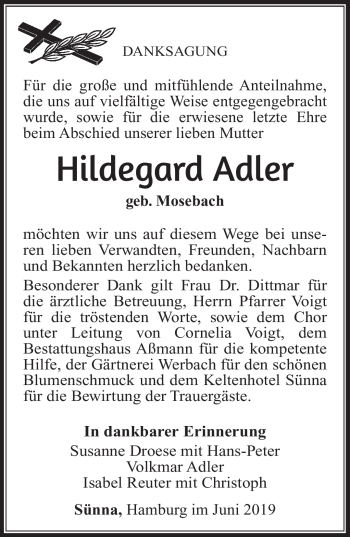 Traueranzeige von Hildegard Adler von Südthüringer Presse