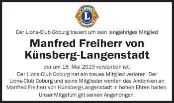 Traueranzeige von Manfred Freiherr von Künsberg-Langenstadt von Neue Presse Coburg