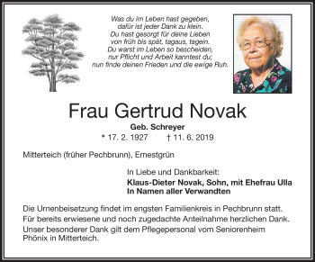 Traueranzeige von Gertrud Novak von Frankenpost