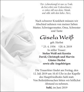 Traueranzeige von Gisela Weiß von Südthüringer Presse