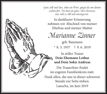 Traueranzeige von Marianne Zinner von Südthüringer Presse