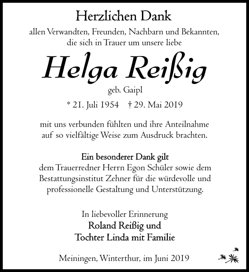  Traueranzeige für Helga Reißig vom 22.06.2019 aus Südthüringer Presse