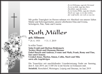 Traueranzeige von Ruth Müller von Südthüringer Presse
