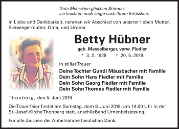 Traueranzeige von Betty Hübner von Neue Presse Coburg