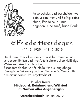 Traueranzeige von Elfriede Heerdegen von Südthüringer Presse