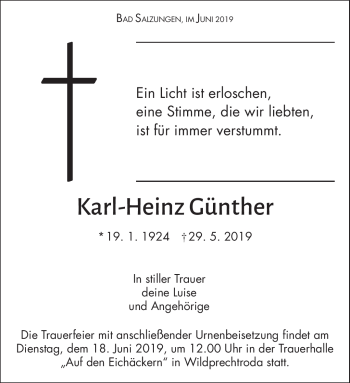 Traueranzeige von Karl-Heinz Günther von Südthüringer Presse