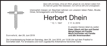 Traueranzeige von Herbert Dhein von Neue Presse Coburg