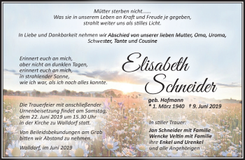 Traueranzeige von Elisabeth Schneider von Südthüringer Presse