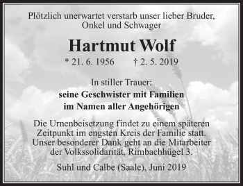 Traueranzeige von Hartmut Wolf von Südthüringer Presse