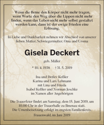 Traueranzeige von Gisela Deckert von Südthüringer Presse