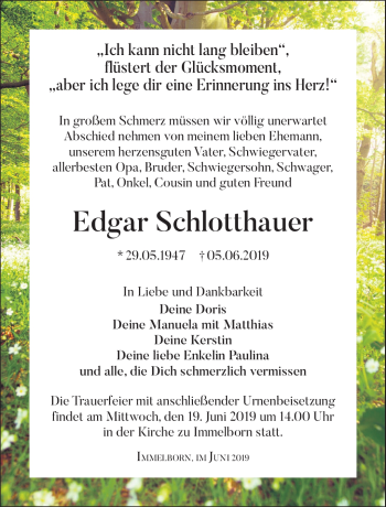 Traueranzeige von Edgar Schlotthauer von Südthüringer Presse