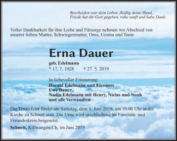 Traueranzeige von Erna Dauer von Südthüringer Presse