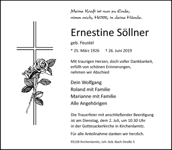 Traueranzeige von Ernestine Söllner von Frankenpost