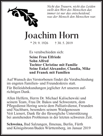 Traueranzeige von Joachim Horn von Südthüringer Presse