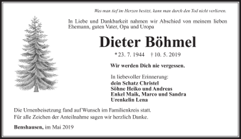 Traueranzeige von Dieter Böhmel von Südthüringer Presse