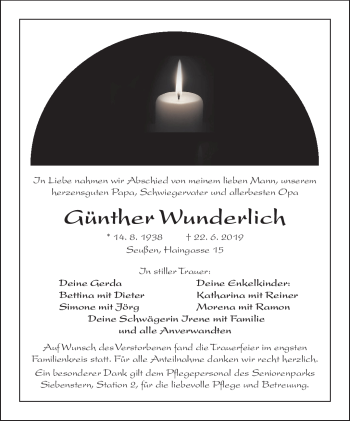 Traueranzeige von Günther Wunderlich von Frankenpost