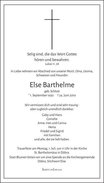 Traueranzeige von Else Barthelme von Frankenpost