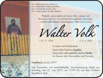 Traueranzeige von Walter Volk von Südthüringer Presse