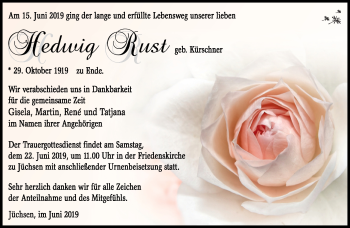 Traueranzeige von Hedwig Rust von Südthüringer Presse