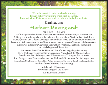 Traueranzeige von Herbert Baumgardt von Südthüringer Presse