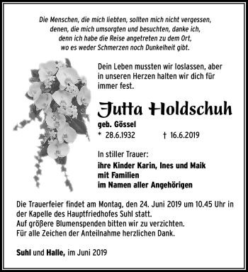 Traueranzeige von Jutta Holdschuh von Südthüringer Presse