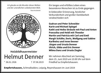 Traueranzeige von Helmut Denner von Südthüringer Presse