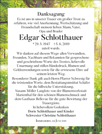 Traueranzeige von Edgar Schlotthauer von Südthüringer Presse