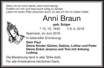 Traueranzeige von Anni Braun von Frankenpost