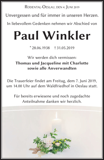 Traueranzeige von Paul Winkler von Neue Presse Coburg