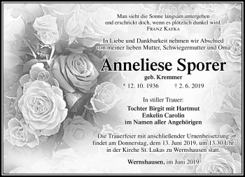 Traueranzeige von Anneliese Sporer von Südthüringer Presse
