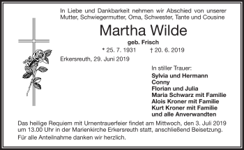 Traueranzeige von Martha Wilde von Frankenpost