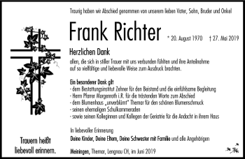 Traueranzeige von Frank Richter von Südthüringer Presse